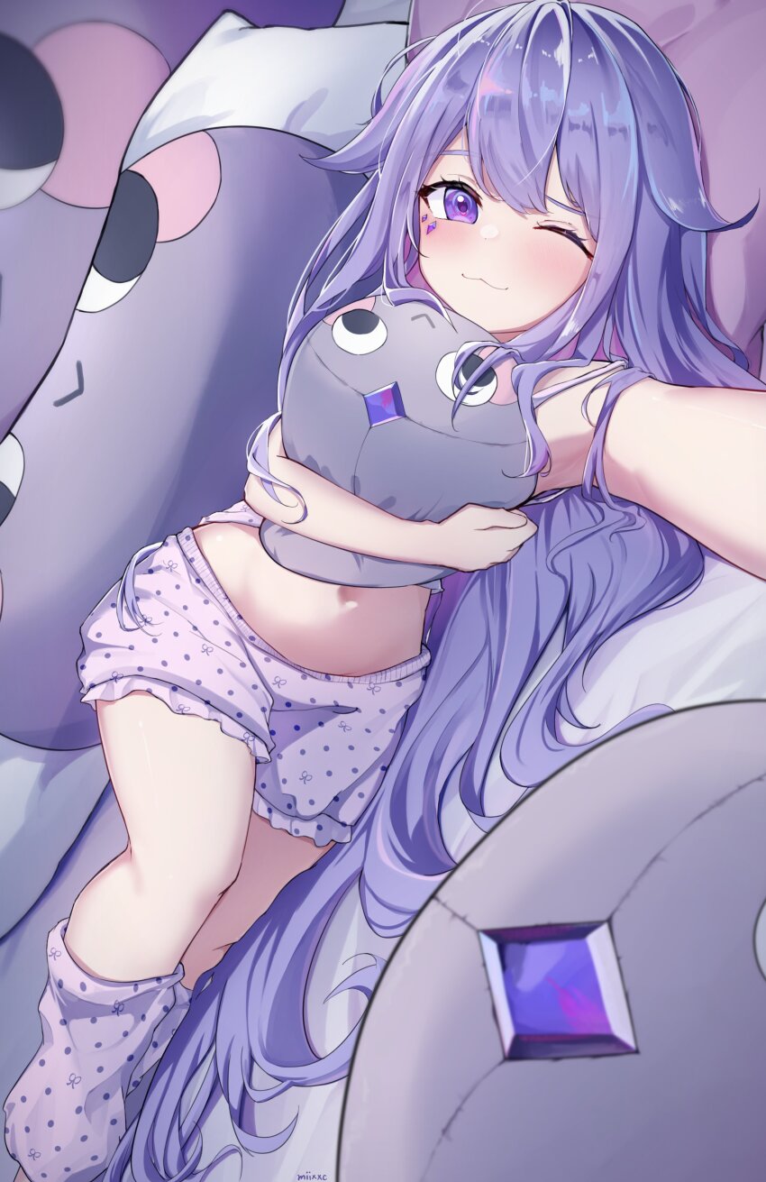 1girl, absurdres, alternate_costume, blush, colored_inner_hair, frilled_shorts, frills, gradient_hair, grey_hair, hair_flaps, highres, hololive, hololive_english, jewel_under_eye, koseki_bijou, leg_warmers, long_hair, looking_at_viewer, lying, miixxc, multicolored_hair, navel, on_side, one_eye_closed, pebble_(koseki_bijou), purple_eyes, purple_hair, shirt, shorts, smile, solo, very_long_hair, virtual_youtuber, white_leg_warmers, white_shirt, white_shorts