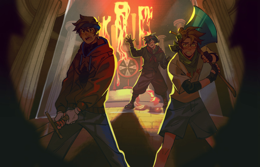 3boys, absurdres, axe, backlighting, brown_hair, commentary, cyani07, english_commentary