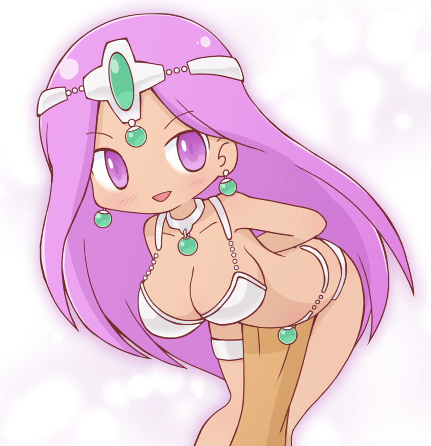1girl, arm_behind_back, armlet, belly_chain, bikini, blush, breasts, choker, circlet, dancer, dancer's_costume_(dq), dark-skinned_female, dark_skin, dragon_quest, dragon_quest_iv, earrings, highres, jewelry, large_breasts, long_hair, looking_at_viewer, mabonasu6, manya_(dq4), metal_bikini, midriff, pelvic_curtain, purple_eyes, purple_hair, smile, solo, swimsuit, tiara