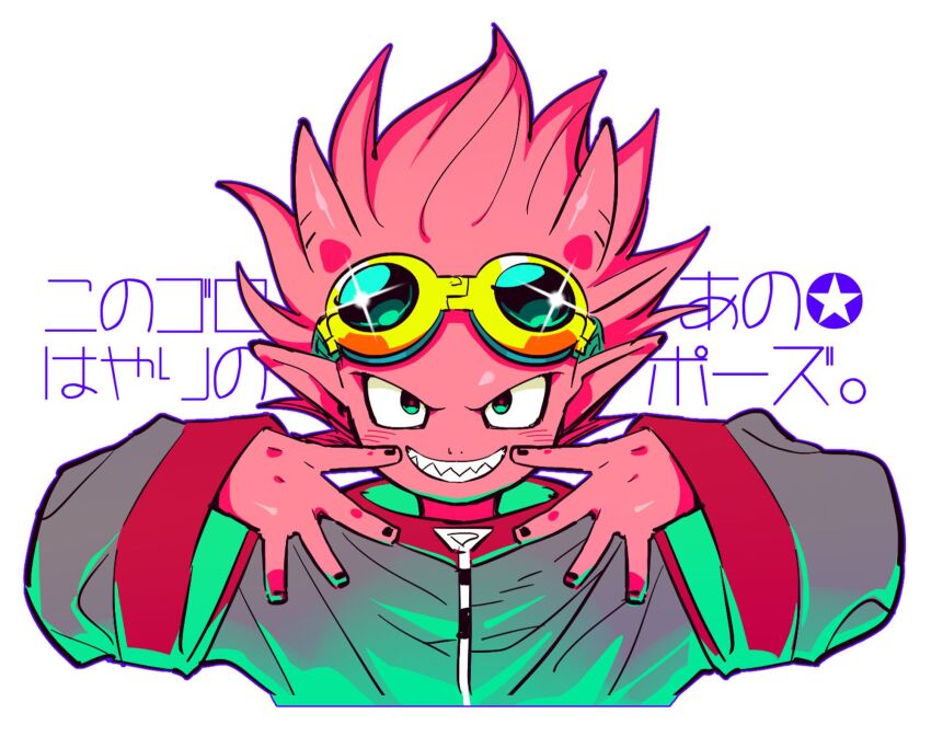 1boy, alternate_costume, beelzebub_(sand_land), black_eyes, black_nails, colored_skin, commentary_request, demon_boy