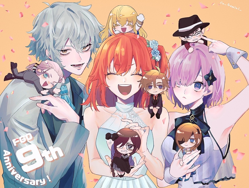 4girls, 5boys, :<, ahoge, akuta_hinako, anniversary, aqua_dress, aqua_necktie, arm_up, bare_shoulders, beryl_gut, black-framed_eyewear, black_bow, black_bowtie, black_dress, black_eyes, black_footwear, black_gloves, black_hair, black_hat, black_jacket, black_necktie, black_pants, black_suit, blonde_hair, blue_eyes, blue_flower, blue_footwear, blue_rose, bow, bowtie, braid, brown_hair, ca_(ca_gemini), chaldea_logo, cheek_poking, chibi, chibi_on_head, chibi_on_shoulder, closed_eyes, closed_mouth, colored_eyelashes, confetti, daybit_sem_void, dress, english_text, eyepatch, facial_hair, fate/grand_order, fate_(series), fist_shaking, flower, formal_clothes, fujimaru_ritsuka_(female), glasses, gloves, goatee_stubble, green_eyes, grey_hair, grey_jacket, grey_pants, grey_suit, hair_between_eyes, hair_flower, hair_ornament, hair_over_one_eye, hair_over_shoulder, hand_up, happy, hat, high_heels, highres, holding, holding_chibi, jacket, jacket_on_shoulders, kadoc_zemlupus, kirschtaria_wodime, long_hair, long_sleeves, lower_teeth_only, mash_kyrielight, mash_kyrielight_(under_the_same_sky), medium_hair, multiple_boys, multiple_girls, neck_piercing, necktie, official_alternate_costume, on_head, one_eye_closed, open_mouth, ophelia_phamrsolone, orange_background, orange_hair, orange_shirt, pants, piercing, pointy_ears, poking, purple_eyes, purple_hair, purple_shawl, red_shirt, rose, scandinavia_peperoncino, see-through_clothes, shawl, shirt, shoes, short_hair, side_ponytail, simple_background, single_braid, sitting, sleeveless, sleeveless_dress, smile, stubble, suit, teeth, tongue_piercing, twitter_username, upper_body, upper_teeth_only, waving, white_dress, white_flower, white_gloves, white_jacket, white_rose, wrist_cuffs, yellow_eyes, yu_mei-ren_(fate)