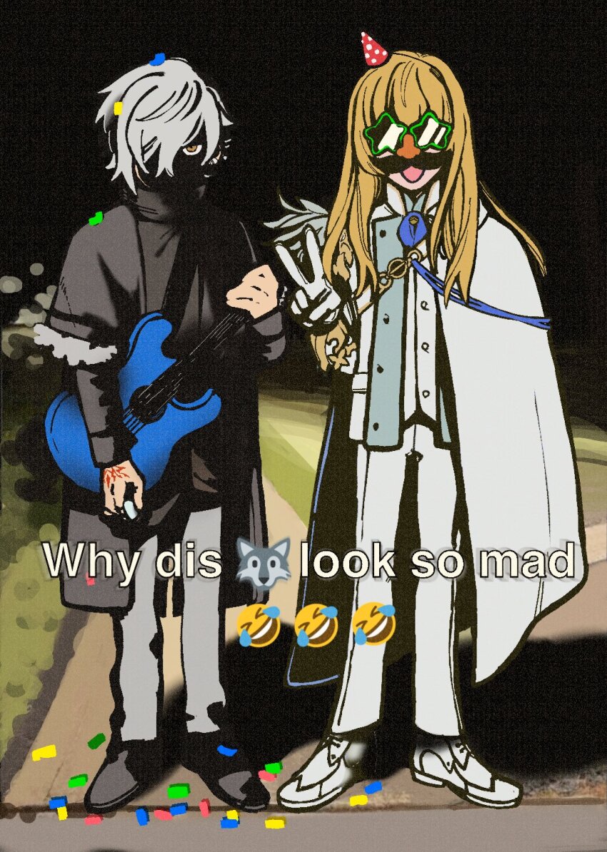 2boys, ascot, black_footwear, black_shirt, blonde_hair, blue_ascot, cape, command_spell