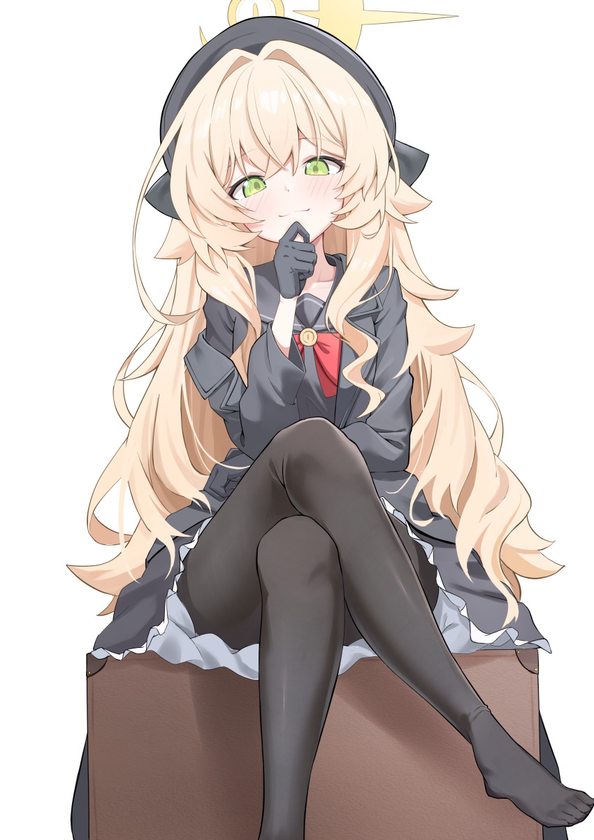 1girl, absurdres, beret, black_coat, black_gloves, black_hat, black_pantyhose, black_sailor_collar, black_skirt, blonde_hair, blue_archive, bow, bowtie, closed_mouth, coat, commentary_request, crossed_legs, gloves, green_eyes, halo, hand_on_own_chin, hat, head_tilt, highres, long_hair, looking_at_viewer, miniskirt, no_shoes, olecafe2, open_clothes, open_coat, pantyhose, professor_niyaniya_(blue_archive), red_bow, red_bowtie, sailor_collar, simple_background, sitting, skirt, smile, solo, toes, white_background, yellow_halo