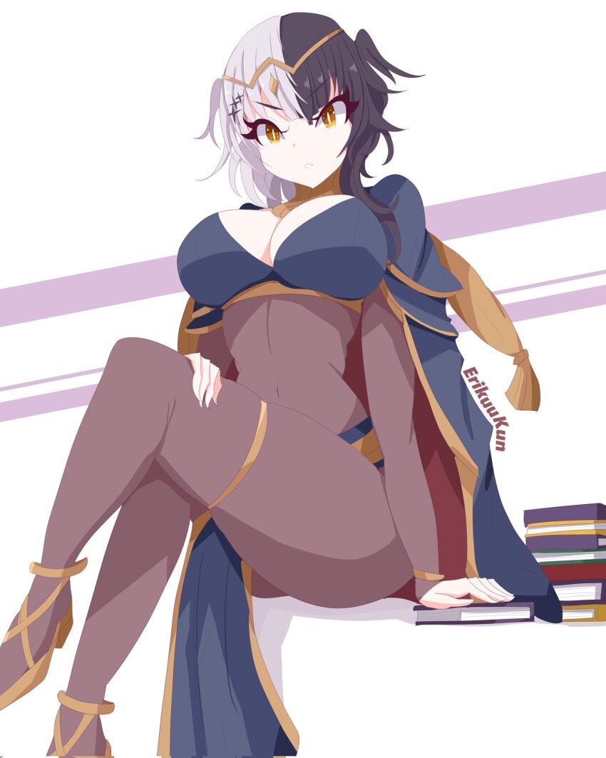 1girl, anklet, artist_name, black_hair, bodystocking, book, book_stack, bracelet