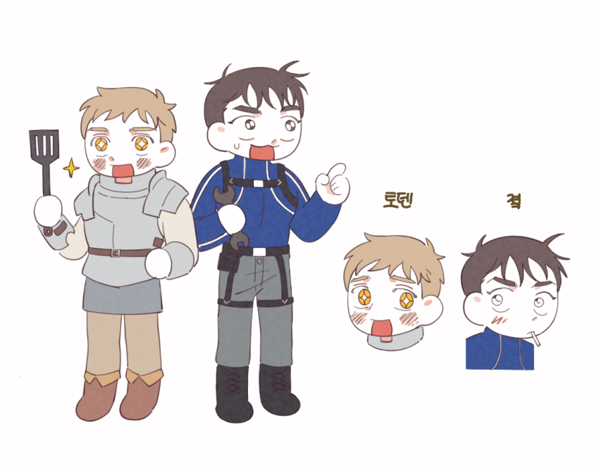 +_+, 2boys, armor, blonde_hair, blush, boots, brown_hair, closed_mouth