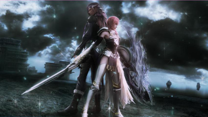 10s, 1boy, 1girl, 3d, anime_screenshot, armor, back-to-back, boots, breastplate, caius_ballad, final_fantasy, final_fantasy_xiii, final_fantasy_xiii-2, greaves, height_difference, kaias, legs, lightning_farron, long_hair, official_art, pink_hair, pteruges, purple_hair, shield, size_difference, sword, thighs, weapon
