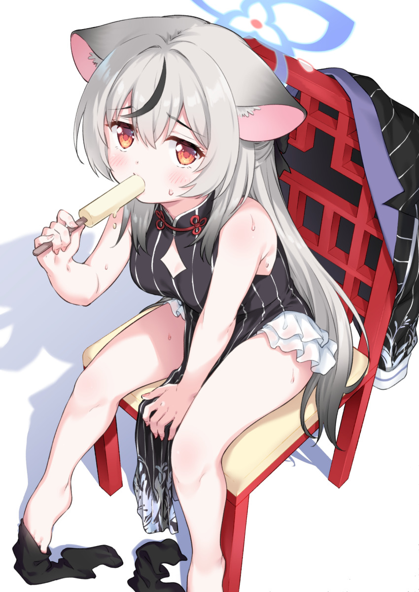 1girl, animal_ear_fluff, animal_ears, bare_arms, bare_legs, bare_shoulders, barefoot, black_dress