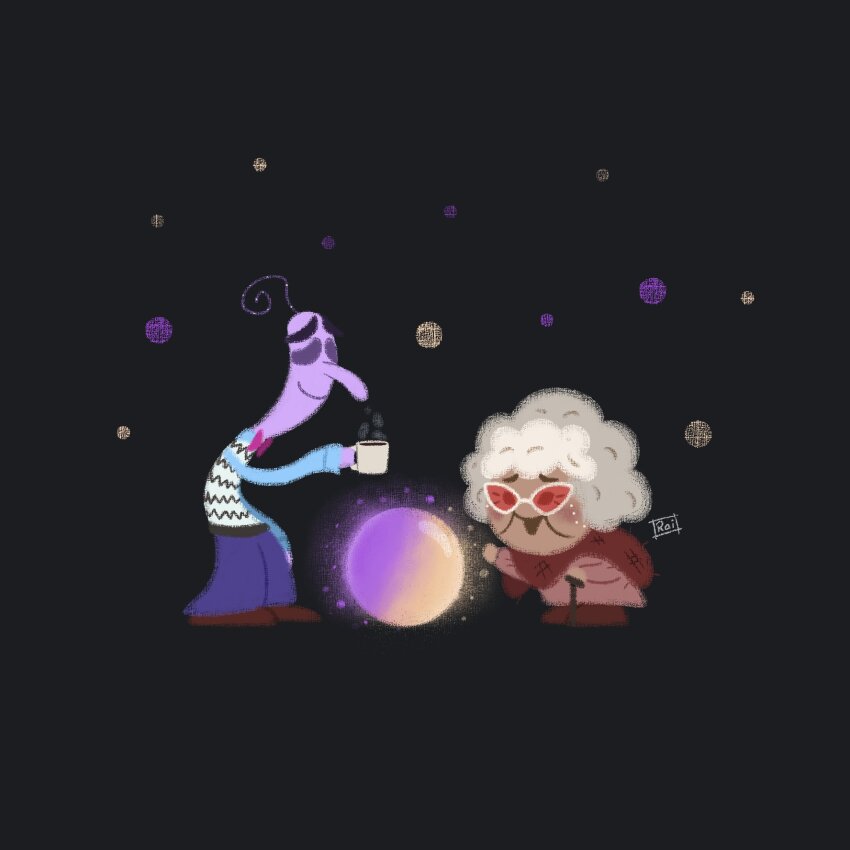 1boy, 1girl, artist_name, bow, bowtie, coffee, coffee_mug, colored_skin, cup, dark_skin, fear_(inside_out), glass, glowing, highres, inside_out, inside_out_2, mug, nostalgia_(inside_out_2), old, old_woman, orb, pants, polka_dot, polka_dot_background, purple_hair, purple_skin, rai_nogueira, scarf, shoes, signature, simple_background, smile, staff, sweater, white_hair