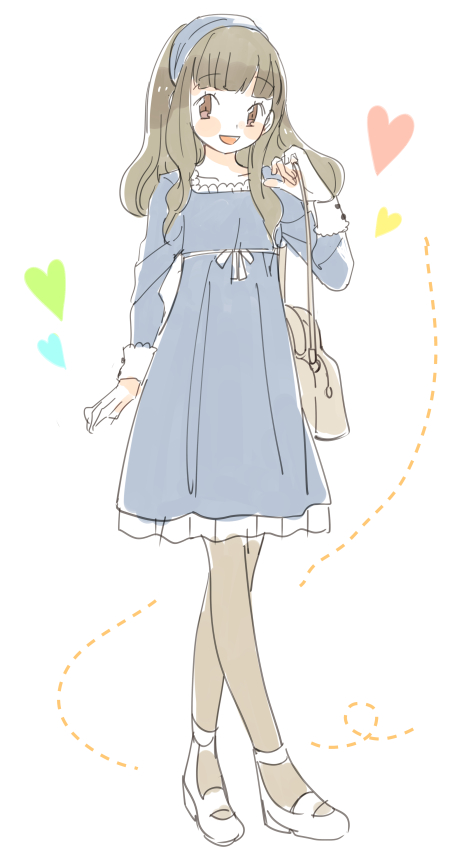 1girl, bag, bemani, blue_dress, blue_headband, blush_stickers, brown_eyes, brown_hair, collarbone, dress, full_body, grey_bag, grey_pantyhose, headband, heart, holding, holding_bag, long_hair, long_sleeves, looking_at_viewer, mary_janes, open_mouth, pantyhose, pop'n_music, sanae-chan, sgwyi, shoes, solo, white_shoes