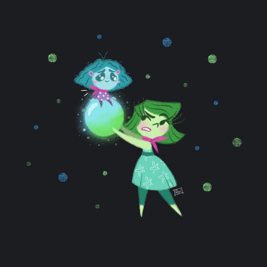 artist_name, disgust_(inside_out), dress, envy_(inside_out_2), glowing, green_eyes, green_hair, highres, inside_out, inside_out_2, leggings, looking_at_another, orb, polka_dot, polka_dot_background, rai_nogueira, scarf, short_hair, signature, simple_background, size_difference, smile