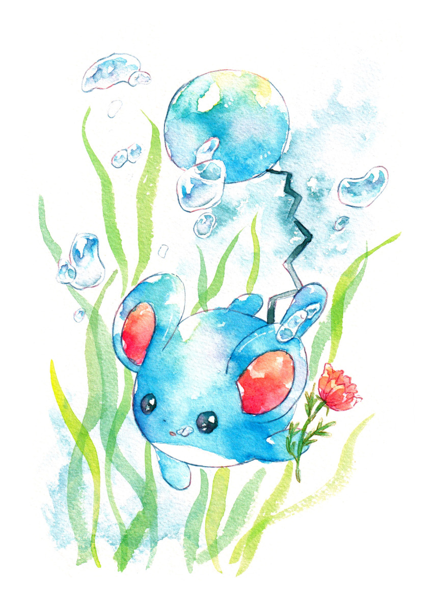 air_bubble, animal_focus, black_eyes, bright_pupils, bubble, chako_(parusminor30), commentary, flower