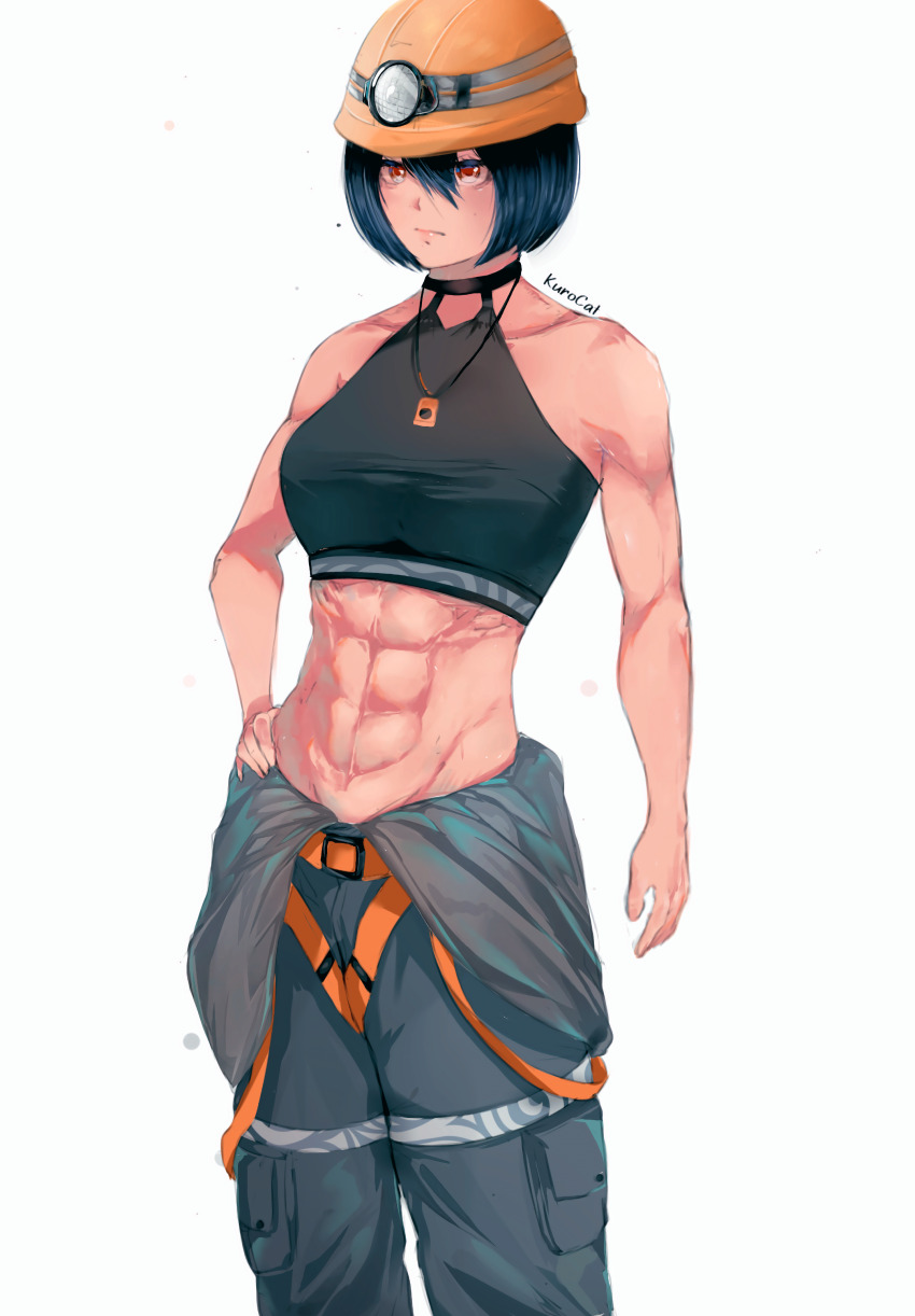 1girl, abs, absurdres, artist_name, bare_shoulders, black_hair, black_shirt, breasts