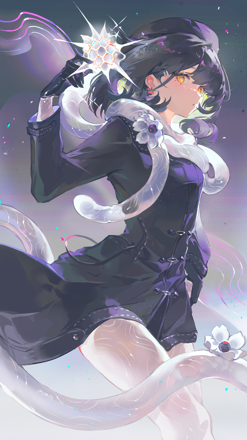 1girl, absurdres, beret, black_background, black_dress, black_gloves, black_hair, black_hat, breasts, character_request, colored_inner_hair, commentary_request, cowboy_shot, dress, earrings, eyelashes, fellow_moon, flower, flower_earrings, gloves, gradient_background, hair_ornament, hairclip, hat, highres, holding, jewelry, light_particles, long_sleeves, medium_breasts, medium_hair, mole, mole_under_eye, multicolored_hair, pantyhose, parted_lips, red_flower, ribbon-trimmed_dress, ribbon_trim, see-through_clothes, see-through_legwear, short_dress, simple_background, snake, solo, white_background, white_pantyhose, yellow_eyes, yunouou10