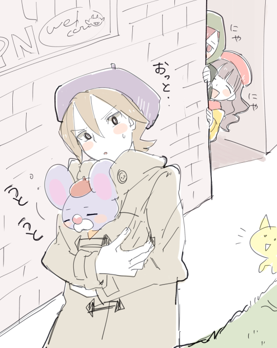 1girl, 2boys, bemani, beret, black_hair, blush_stickers, brick_wall, brown_hair