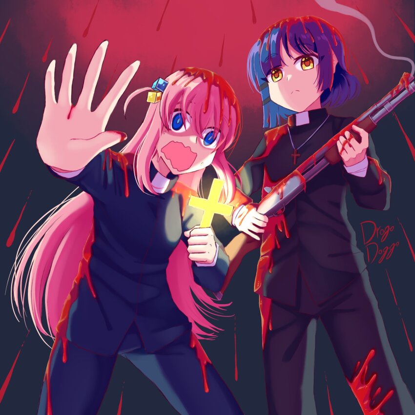 2girls, :<, artist_name, blood, blood_drip, blood_in_hair, blood_on_clothes, blood_on_gun, blood_on_hands, bloody_weapon, blowing_smoke, blue_eyes, blue_hair, bocchi_the_rock!, cassock, closed_mouth, commentary, commission, cross, cross_necklace, cube_hair_ornament, dilated_pupils, drogo_doggo, english_commentary, faith_(game), from_below, frown, gotoh_hitori, gun, hair_ornament, highres, holding, holding_cross, holding_gun, holding_weapon, jewelry, kid_holding_cross_(meme), long_bangs, long_hair, looking_at_viewer, meme, mixed-language_commentary, multiple_girls, necklace, nervous, one_side_up, open_mouth, outstretched_arm, parody, pink_hair, portuguese_commentary, priest, raining_blood, scared, shaded_face, short_hair, shotgun, split_mouth, weapon, yamada_ryo, yellow_eyes