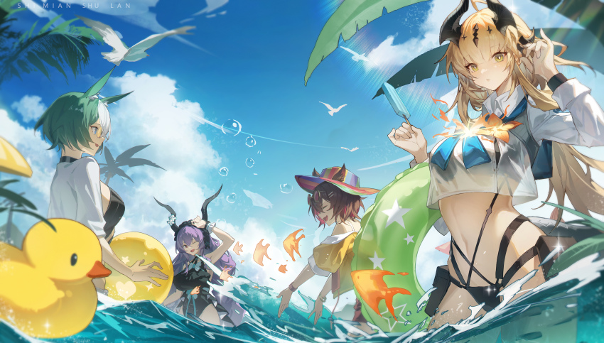 4girls, absurdres, animal_ears, arknights, ball, beachball, bikini, bird