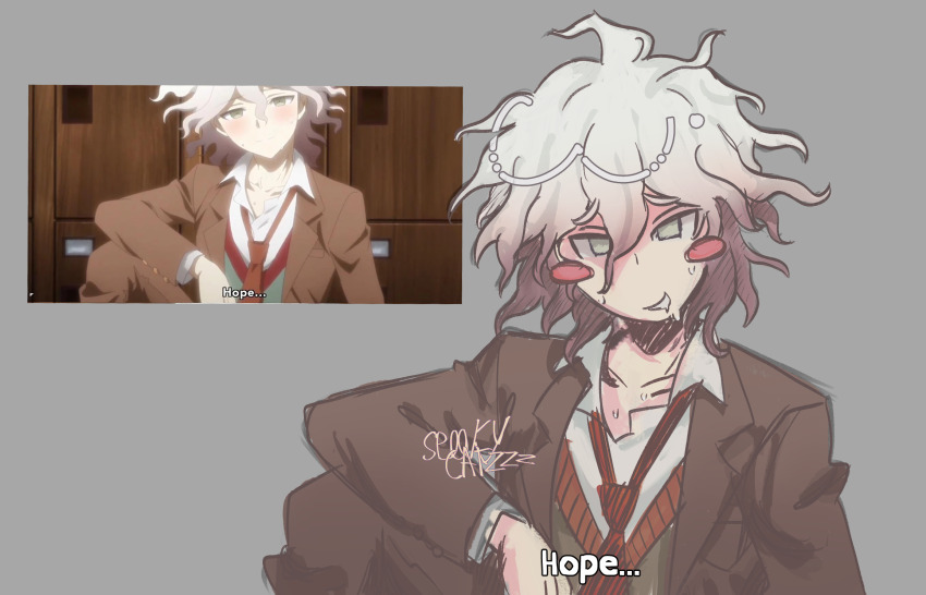 1boy, blush, danganronpa_(series), danganronpa_2:_goodbye_despair, hair_between_eyes, highres, komaeda_nagito, looking_at_viewer