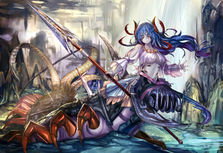 1girl, arthropod_girl, arthropod_horns, arthropod_limbs, arthropod_tail, black_scales, blue_hair, breasts
