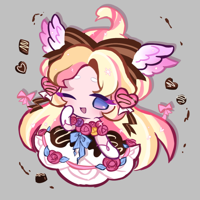 1girl, ;d, ahoge, blonde_hair, bow, chocolate, cookie_run, cropped_legs