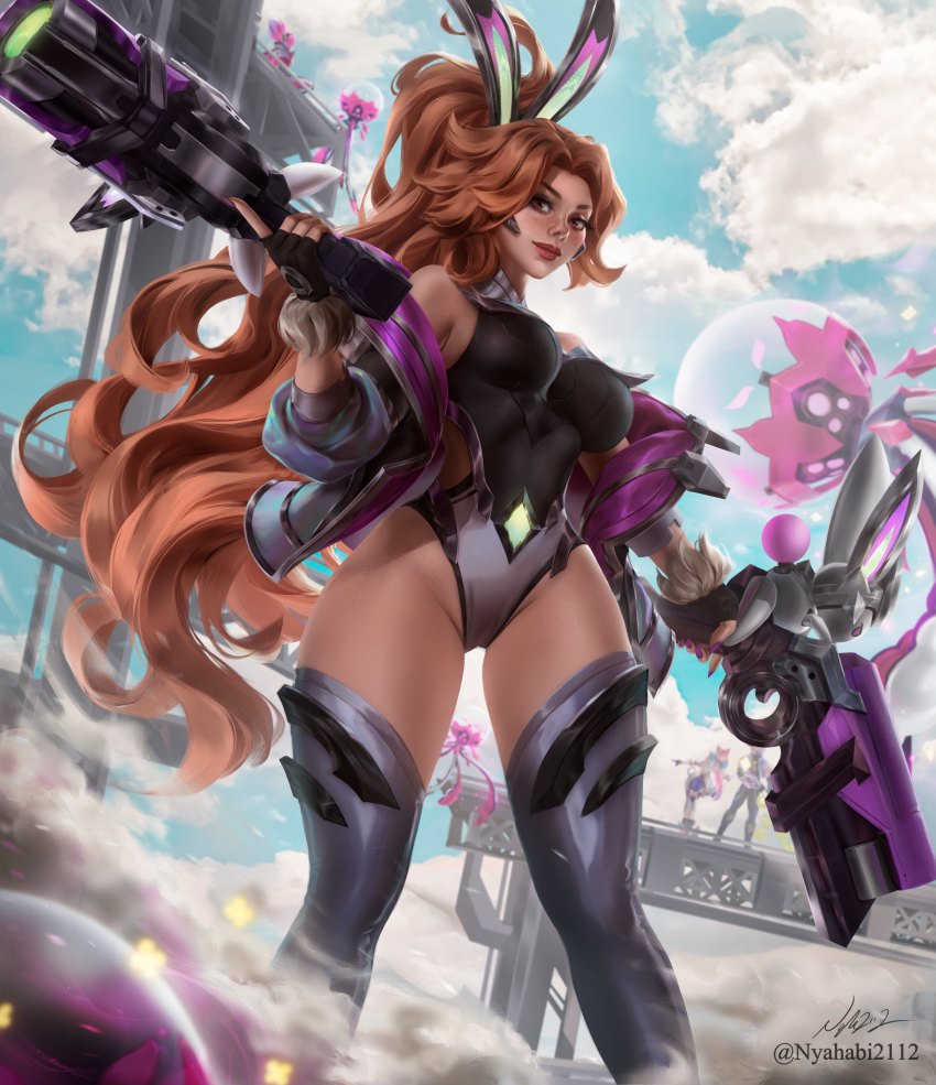 1girl, absurdres, animal_ears, bare_shoulders, battle_bunny_miss_fortune, bodysuit, breasts, dual_wielding
