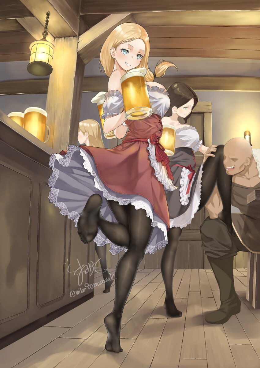 1boy, 3girls, absurdres, apron, bare_shoulders, barmaid, beer_mug, black_pantyhose, blonde_hair, blue_eyes, boots, breasts, brown_hair, counter, cup, detached_sleeves, dress, faceless, faceless_male, feet, foot_on_another's_thigh, frills, hashtag-only_commentary, highres, holding, holding_cup, indoors, kneepits, lamp, large_breasts, long_hair, looking_at_viewer, low_ponytail, maburoku, mug, multiple_girls, no_shoes, original, pantyhose, ponytail, puffy_short_sleeves, puffy_sleeves, short_sleeves, signature, smile, soles, standing, standing_on_one_leg, strapless, strapless_dress, tavern, tiptoes, toe_seam, toes, twitter_username, waist_apron, wooden_beam, wooden_floor