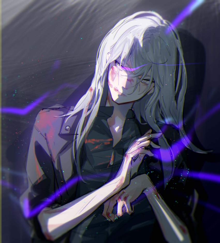 >:(, 1boy, azha8, black_jacket, black_shirt, blood, blood_in_hair, blood_on_face, blood_on_hands, closed_mouth, eye_trail, facing_viewer, grey_background, grey_eyes, grey_hair, hair_between_eyes, head_tilt, highres, jacket, li_bai_(wangzhe_rongyao), light_particles, light_trail, lips, long_hair, male_focus, open_collar, shadow, shirt, sideways_glance, sleeves_rolled_up, solo, upper_body, v-shaped_eyebrows, wangzhe_rongyao, white_hair