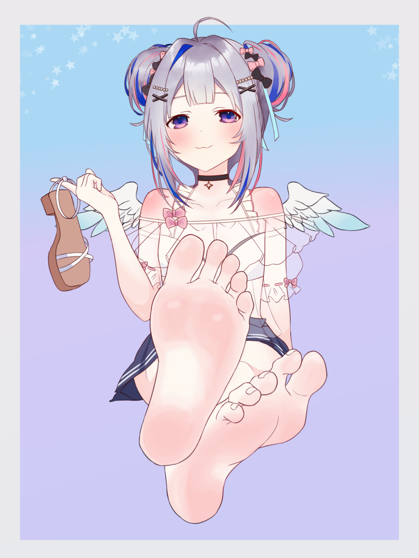 1girl, absurdres, amane_kanata, amane_kanata_(summer), barefoot, blush, double_bun, feet, foot_focus, grey_hair, hair_bun, highres, holding, holding_shoes, holding_unworn_clothes, hololive, long_hair, looking_at_viewer, multicolored_hair, paingoro, purple_eyes, sandals, shoes, single_shoe, smile, soles, streaked_hair, toes, unworn_sandals, unworn_shoes, virtual_youtuber, wings