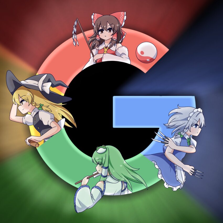 4girls, apron, black_hat, black_vest, blonde_hair, blue_dress, blue_eyes, bow