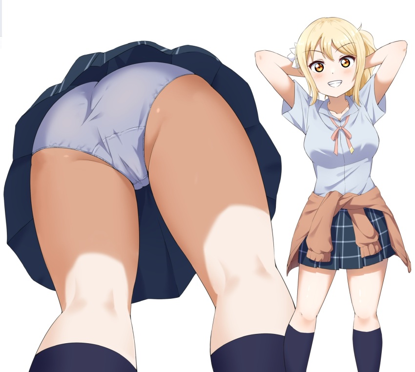 1girl, arms_behind_head, arms_up, ass, black_socks, blonde_hair, blue_shirt, brown_cardigan, buson0120, cardigan, cardigan_around_waist, clothes_around_waist, collared_shirt, commission, dress_shirt, grin, highres, kneehighs, looking_at_viewer, love_live!, love_live!_nijigasaki_high_school_idol_club, medium_hair, miyashita_ai, mtu_virus, multiple_views, neck_ribbon, nijigasaki_school_uniform, panties, plaid_clothes, plaid_skirt, pleated_skirt, ponytail, ribbon, school_uniform, shirt, sidelocks, skeb_commission, skirt, smile, socks, teeth, underwear, upskirt, white_panties, yellow_eyes