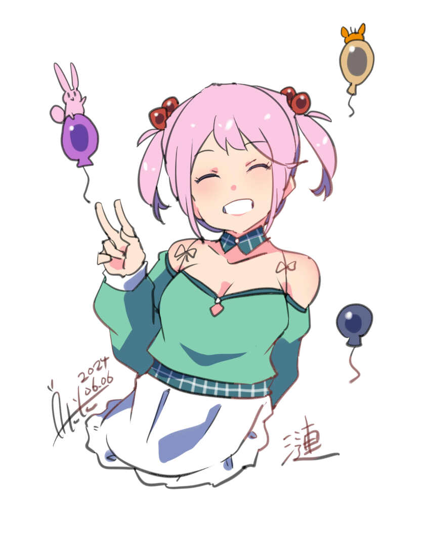 1girl, absurdres, apron, balloon, blush, breasts, character_name, cleavage, closed_eyes, crab, dated, dress, green_dress, hair_bobbles, hair_ornament, highres, inica, kantai_collection, long_sleeves, medium_hair, official_alternate_costume, pink_hair, rabbit, sazanami_(11th_anniversary)_(kancolle), sazanami_(kancolle), signature, smile, twintails, v, waist_apron, white_apron, white_background