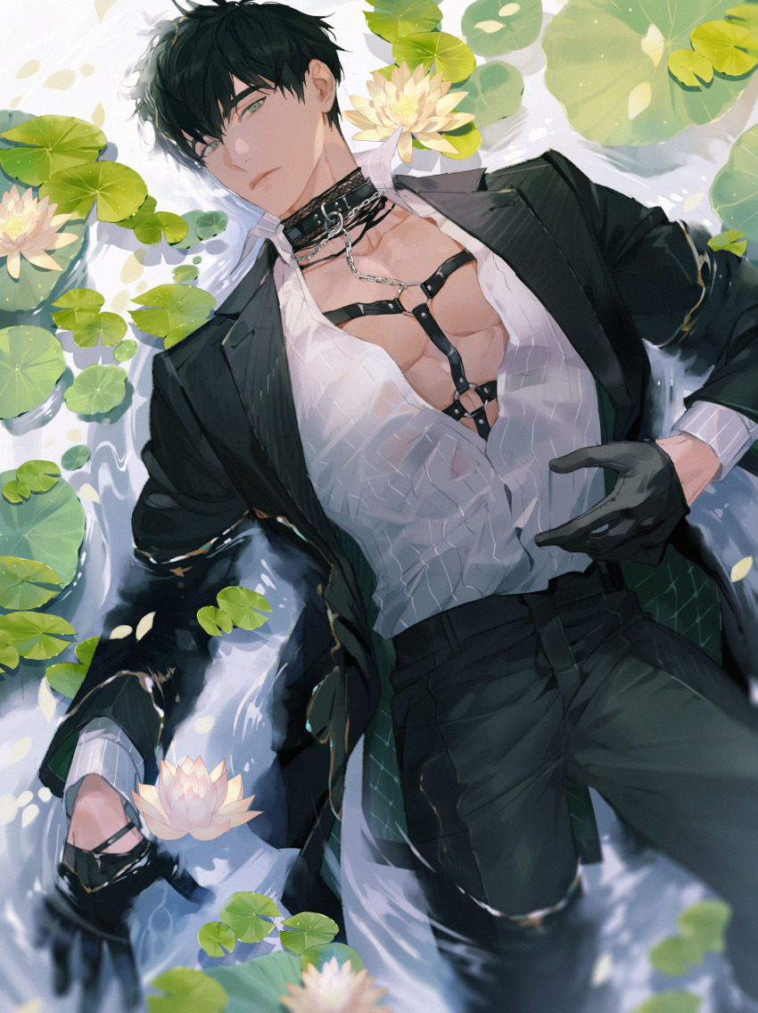 1boy, absurdres, aqua_eyes, black_hair, black_jacket, black_pants, blurry, chain_harness