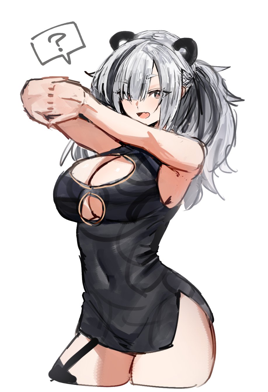 1girl, ?, animal_ears, arknights, black_dress, black_eyes, black_hair, breasts, cleavage, cleavage_cutout, clothing_cutout, commentary_request, dress, fang, feater_(arknights), feater_(elite_ii)_(arknights), grey_hair, hair_over_one_eye, hands_up, highres, horn/wood, large_breasts, long_hair, looking_at_viewer, multicolored_hair, open_mouth, panda_ears, panda_girl, pelvic_curtain, simple_background, skin_fang, sleeveless, sleeveless_dress, smile, solo, spoken_question_mark, streaked_hair, stretching, twintails, two-tone_hair, underboob_cutout, white_background