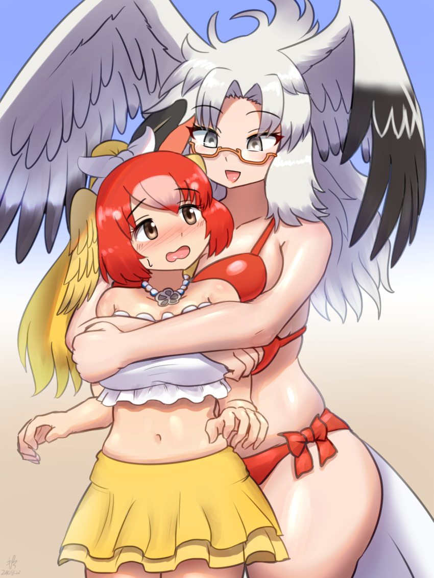 2girls, bikini, bird_girl, bird_tail, bird_wings, black_hair, blonde_hair, bow