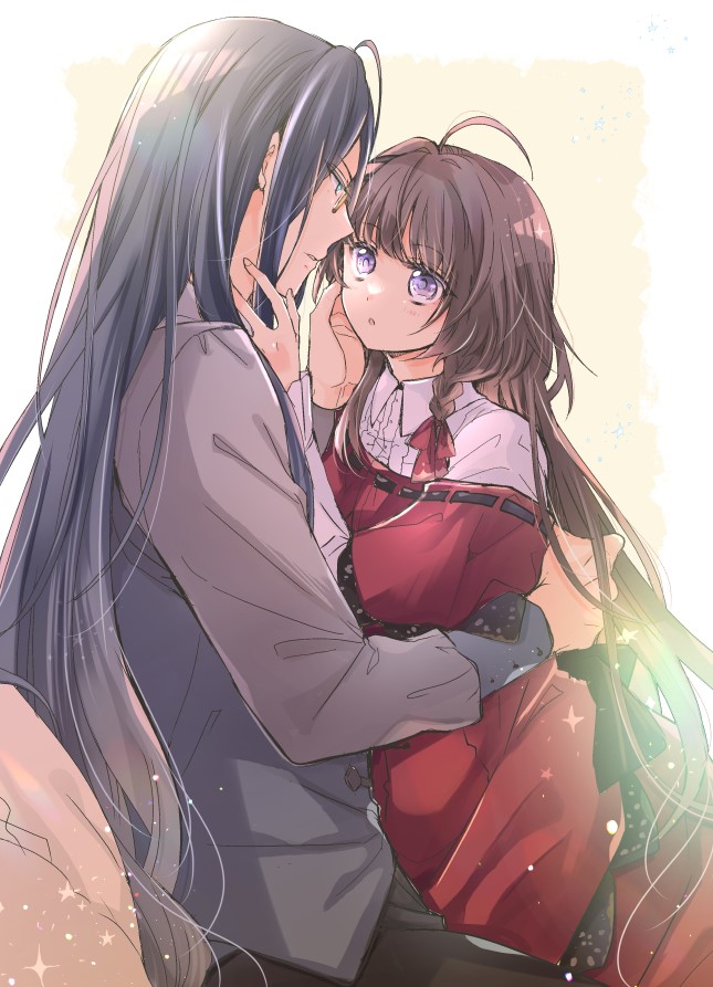 1boy, 1girl, :o, ahoge, back_bow, black_bow, black_hair, black_pants