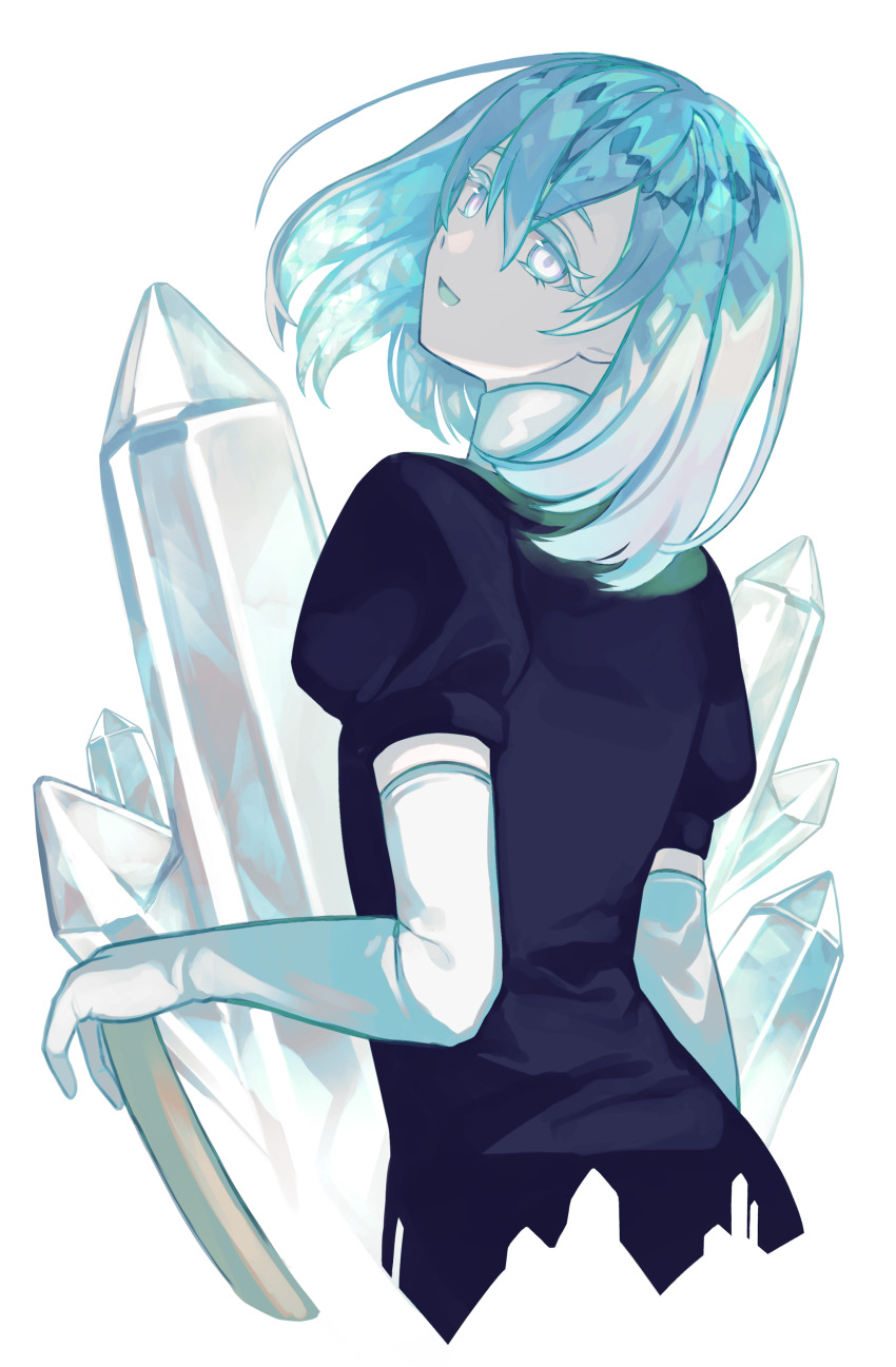 1girl, absurdres, beekan, black_gloves, black_shirt, cropped_torso, diamond_(gemstone), diamond_(houseki_no_kuni)
