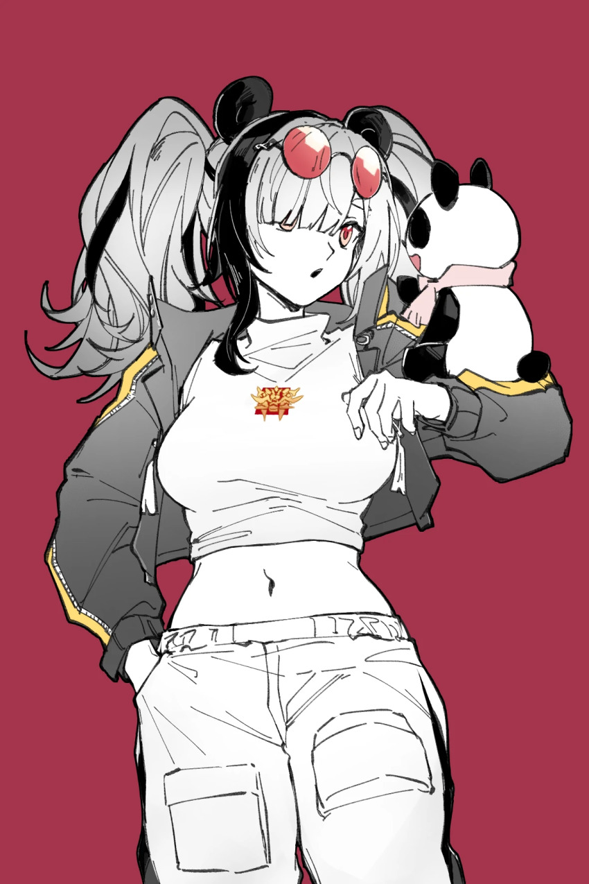 1girl, arknights, chinese_commentary, commentary_request, cowboy_shot, crop_top, cropped_jacket, cropped_shirt, eyewear_on_head, feater_(arknights), feater_(gourmet)_(arknights), fingernails, hair_over_one_eye, hand_in_pocket, highres, jacket, long_sleeves, medium_hair, midriff, multicolored_hair, navel, official_alternate_costume, one_eye_covered, open_mouth, pants, partial_commentary, partially_colored, piaoliu_ping_ping_ping_pingzi, red-tinted_eyewear, red_background, red_eyes, round_eyewear, shirt, simple_background, solo, standing, streaked_hair, tinted_eyewear, turtleneck, turtleneck_shirt, twintails