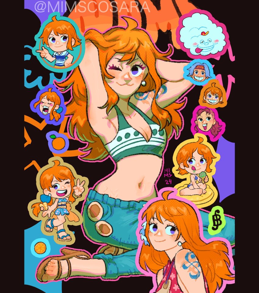 :3, ahoge, arms_up, bellemere, bikini, bikini_top_only, character_name, cloud, denim, earrings, food, fruit, green_bikini, hand_in_own_hair, hands_in_own_hair, high_heels, highres, japanese_clothes, jeans, jewelry, kneeling, long_hair, mandarin_orange, mimscosara, multicolored_bikini, multiple_views, nami_(one_piece), nami_(one_piece)_(east_blue), nami_(one_piece)_(onigashima), nami_(one_piece)_(return_to_sabaody), nami_(one_piece)_(wano), navel, nojiko_(one_piece), one_eye_closed, one_piece, orange_(fruit), orange_hair, outline, pants, pearl_earrings, pink_outline, purple_eyes, sandals, scar, shoulder_tattoo, sitting, smile, swimsuit, tattoo, v, v-neck, wariza, white_bikini, zeus_(one_piece)