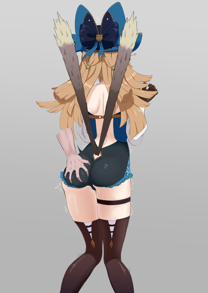 1girl, absurdres, alternate_costume, ass, blonde_hair, boots, cat_tail, deep_skin, disembodied_hand, from_behind, genshin_impact, gloves, grabbing_another's_ass, groping, hat, highres, kirara_(genshin_impact), kirara_(phantom_in_boots)_(genshin_impact), leotard, long_hair, multiple_tails, solo_focus, surprised, tail, thigh_boots, thigh_strap, zancrowkami