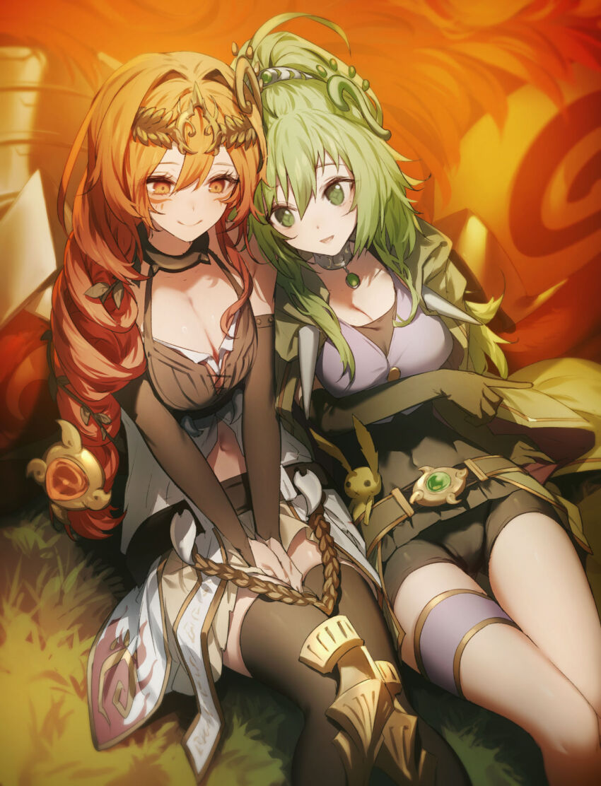2girls, bare_shoulders, belt, black_gloves, blonde_hair, blush, breasts, choker