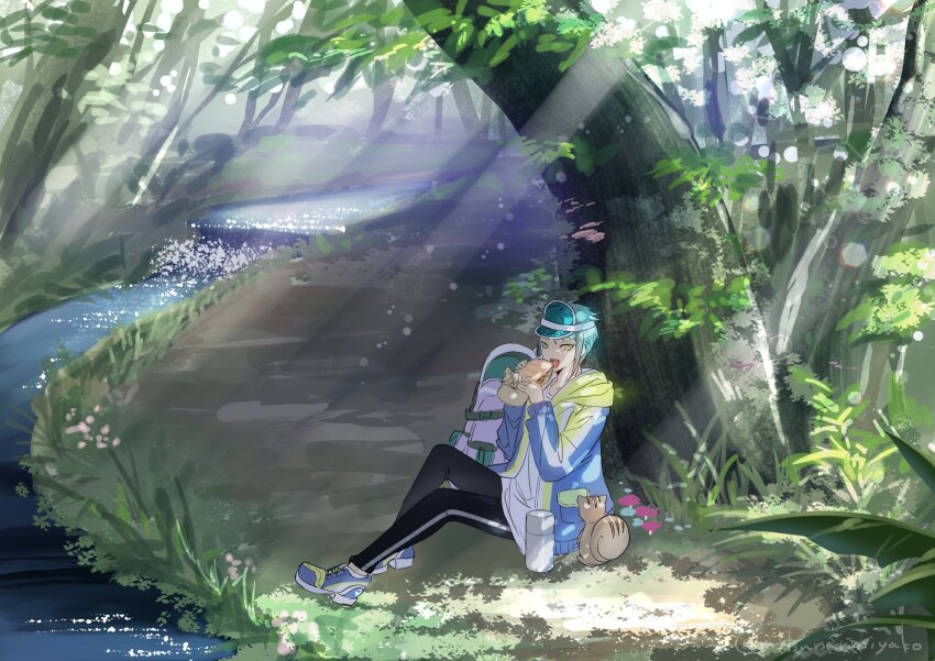 1boy, animal, blue_hair, blue_jacket, eating, floyd_leech, floyd_leech_(outdoor_wear), food