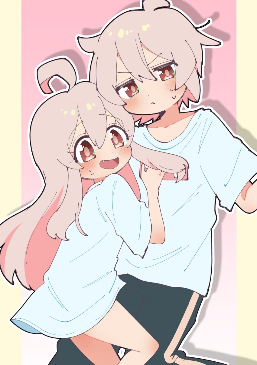 09hkr, 1boy, 1girl, :d, ahoge, bare_legs, black_pants, blush