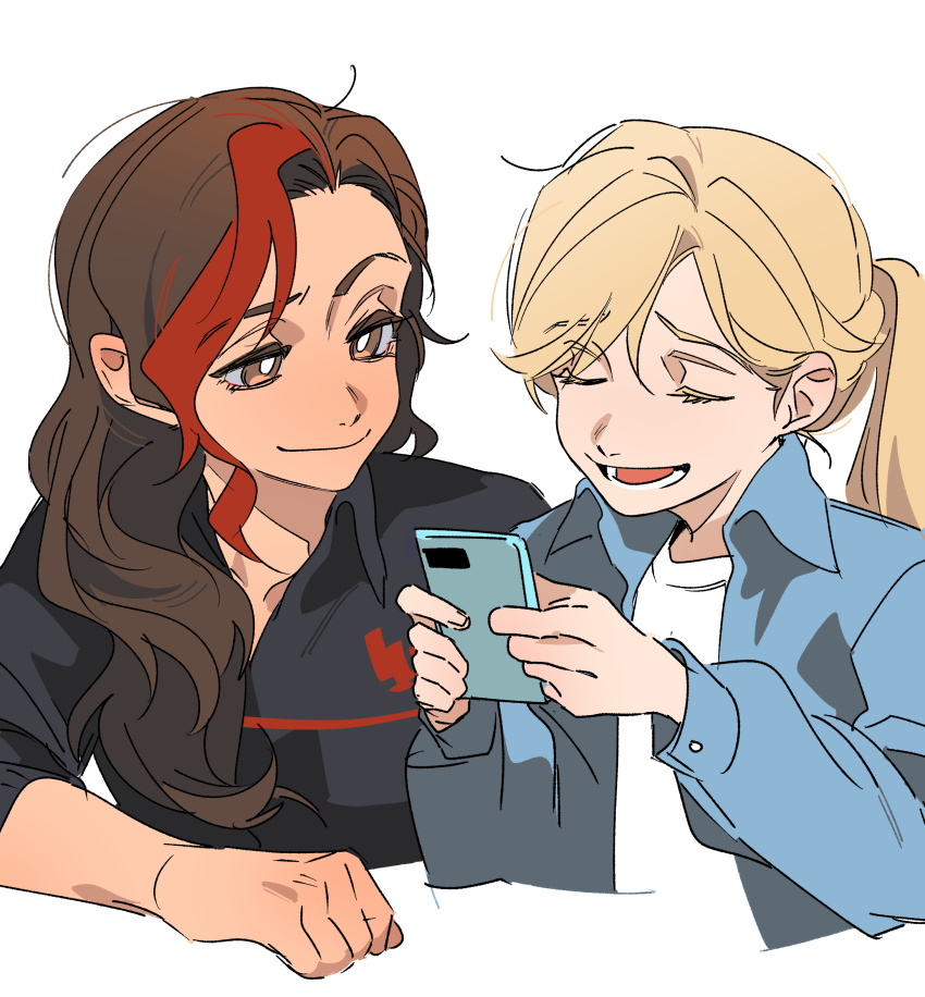 2girls, absurdres, brown_eyes, brown_hair, cellphone, chinese_commentary, closed_eyes, closed_mouth