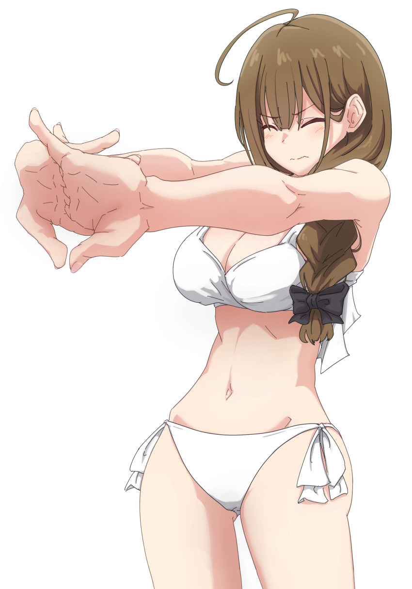 1girl, absurdres, bikini, blush, breasts, brown_hair, cleavage, closed_eyes
