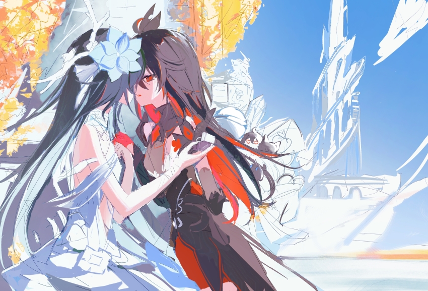 2girls, absurdres, bare_shoulders, black_dress, black_hair, blue_flower, blue_hair, chinese_commentary