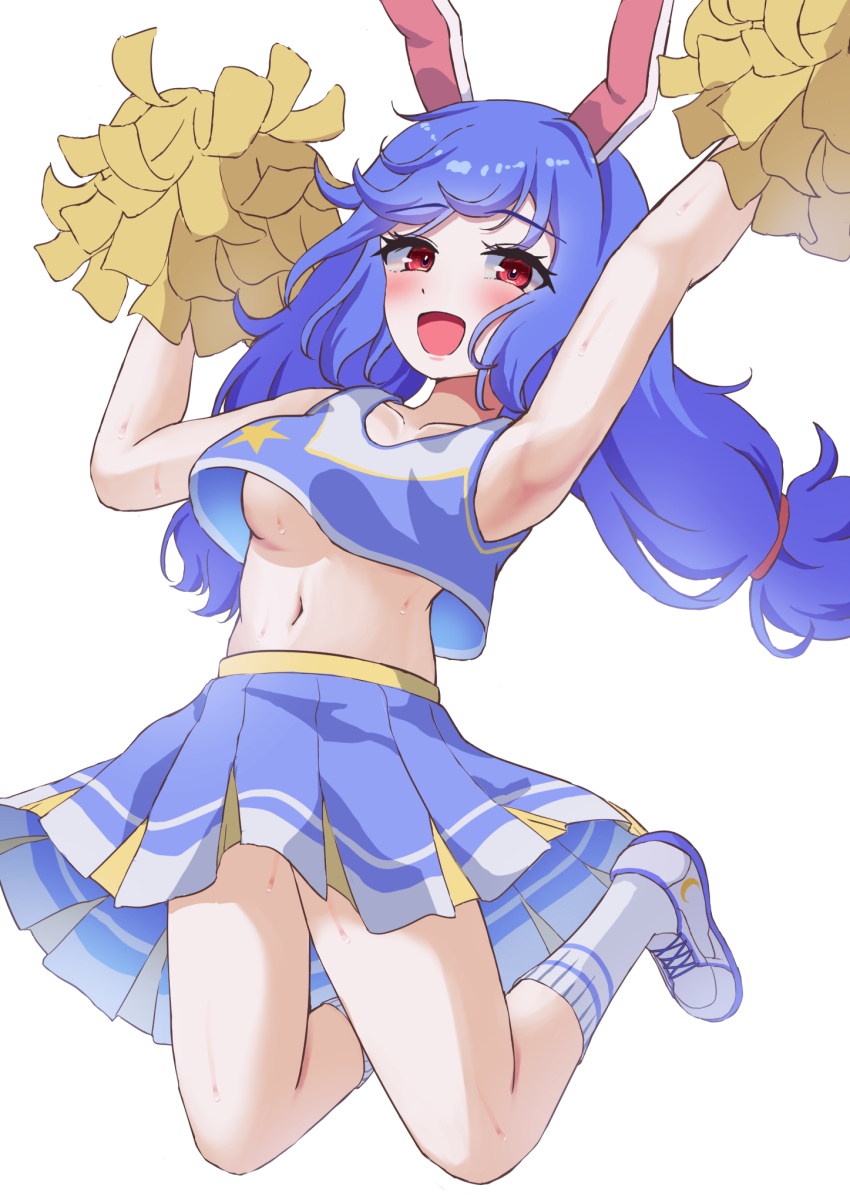 1girl, alternate_costume, animal_ears, armpits, blue_hair, blue_shirt, blue_skirt, blush, breasts, cheerleader, collarbone, commentary_request, crescent_print, highres, holding, holding_pom_poms, long_hair, looking_at_viewer, midriff, mizunisabano, multicolored_shirt, multicolored_skirt, navel, open_mouth, pleated_skirt, pom_pom_(cheerleading), pom_poms, print_shirt, rabbit_ears, red_eyes, seiran_(touhou), shirt, shoes, skirt, sleeveless, sleeveless_shirt, smile, socks, solo, star_(symbol), star_print, sweat, touhou, underboob, very_long_hair, white_socks
