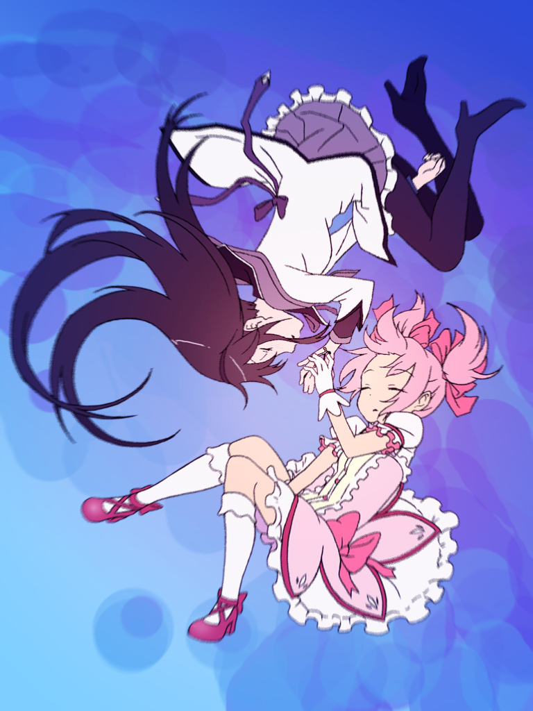 10s, 2girls, akemi_homura, akemi_homura_(magical_girl), black_hair, black_pantyhose, black_socks, blue_legwear, bow, closed_eyes, dress, floating, frills, hair_ribbon, hairband, high_heels, holding_hands, kaname_madoka, kaname_madoka_(magical_girl), kneehighs, long_hair, magical_girl, mahou_shoujo_madoka_magica, mahou_shoujo_madoka_magica_(anime), mary_janes, multiple_girls, pantyhose, pink_hair, puffy_sleeves, ribbon, rotational_symmetry, sasaki_mitsuru, school_uniform, shoes, short_twintails, socks, twintails, upside-down, white_socks