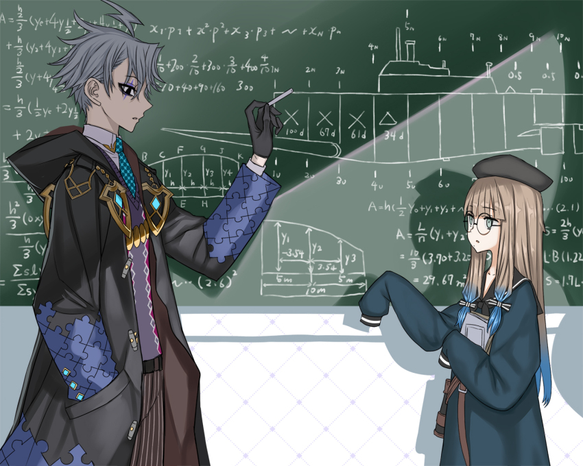 ahoge, aqua_eyes, beret, black_eyes, black_gloves, blonde_hair, chalk, chalkboard