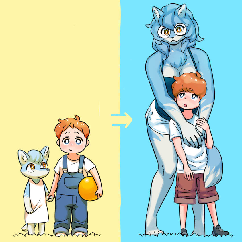 1boy, 1girl, age_difference, age_progression, animal_ears, arrow_(symbol), ball, blue_background, blue_eyes, blue_hair, breasts, bright_pupils, brown_eyes, brown_shorts, camisole, child, cleavage, dog_ears, dog_girl, dress, furry, furry_female, glasses, height_difference, highres, holding, holding_ball, holding_hands, onee-shota, orange_hair, original, overalls, round_eyewear, shirai_keita, shirt, short_shorts, shorts, simple_background, standing, white_pupils, white_shirt, white_shorts, yellow_background