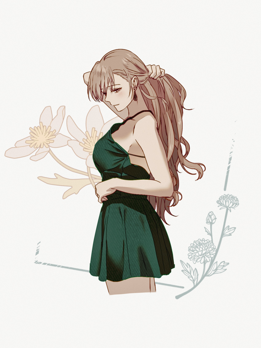 1girl, blush, breasts, brown_eyes, brown_hair, cropped_legs, dress, earrings