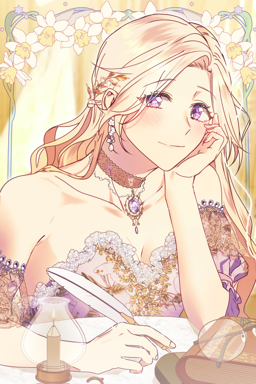 1girl, absurdres, blonde_hair, book, breasts, candle, character_request, check_copyright, choker, cleavage, collarbone, copyright_request, dress, earrings, flower, gem, hair_ornament, highres, holding, holding_quill, jewelry, kimijo-sama_wa_ginkoin, long_hair, purple_eyes, purple_gem, pyaprika_garu, quill, sitting, small_breasts, solo, unworn_eyewear, upper_body, yellow_background